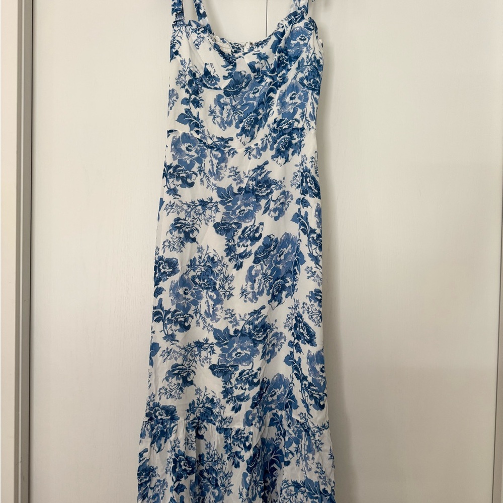 Blue Toile Floral Ruffle Midi Dress by Reformation Nikita Olympia Size 10